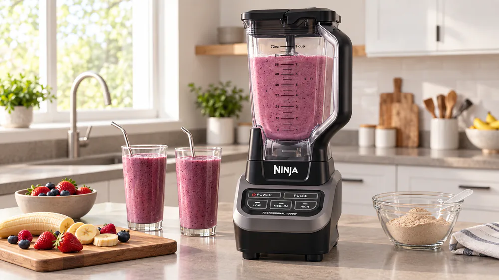 A Ninja BL610 pitcher full of a frozen banana protein smoothie on a counter, the 72-ounce Tritan container filled to the 64-ounce line.