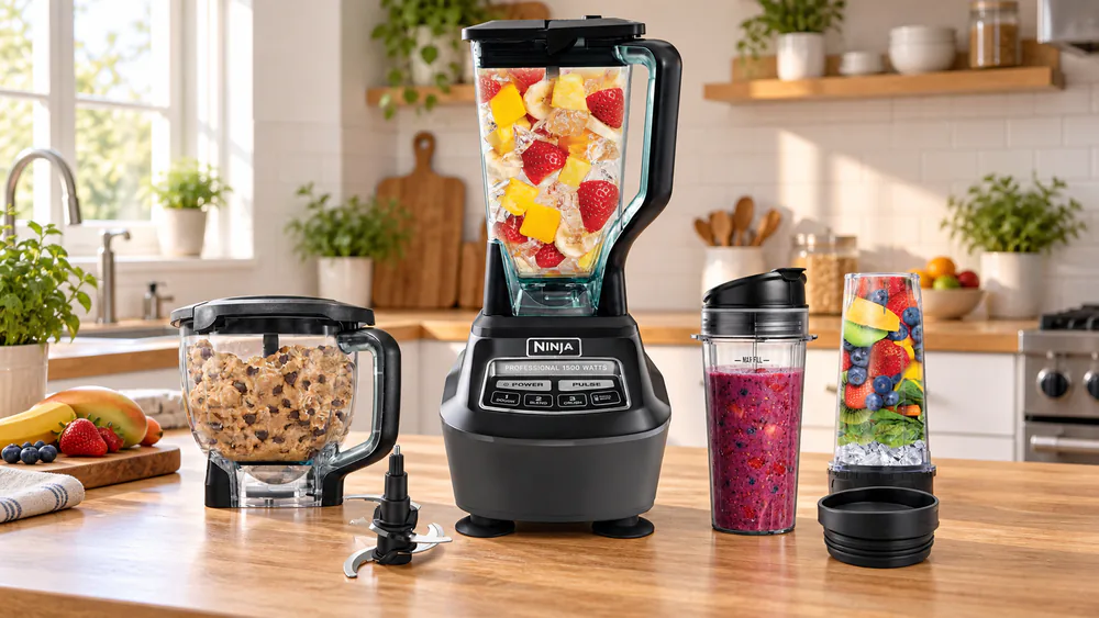 A Ninja Mega Kitchen System on a counter with its 72-ounce pitcher, 8-cup processor bowl, and two 16-ounce single-serve cups arranged around the base.