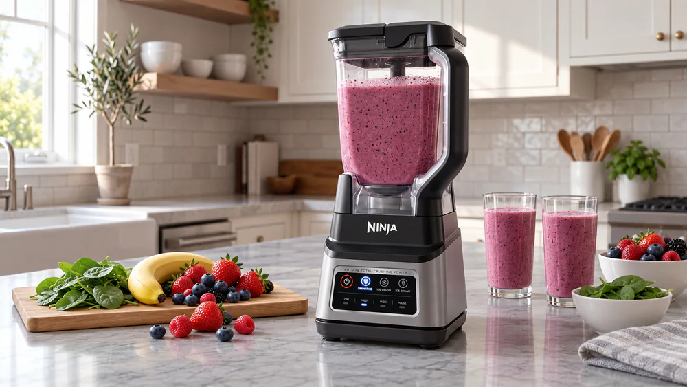 A Ninja BN701 running its Auto-iQ smoothie preset with the 72-ounce pitcher full of fruit smoothie, preset lights lit on the control panel.