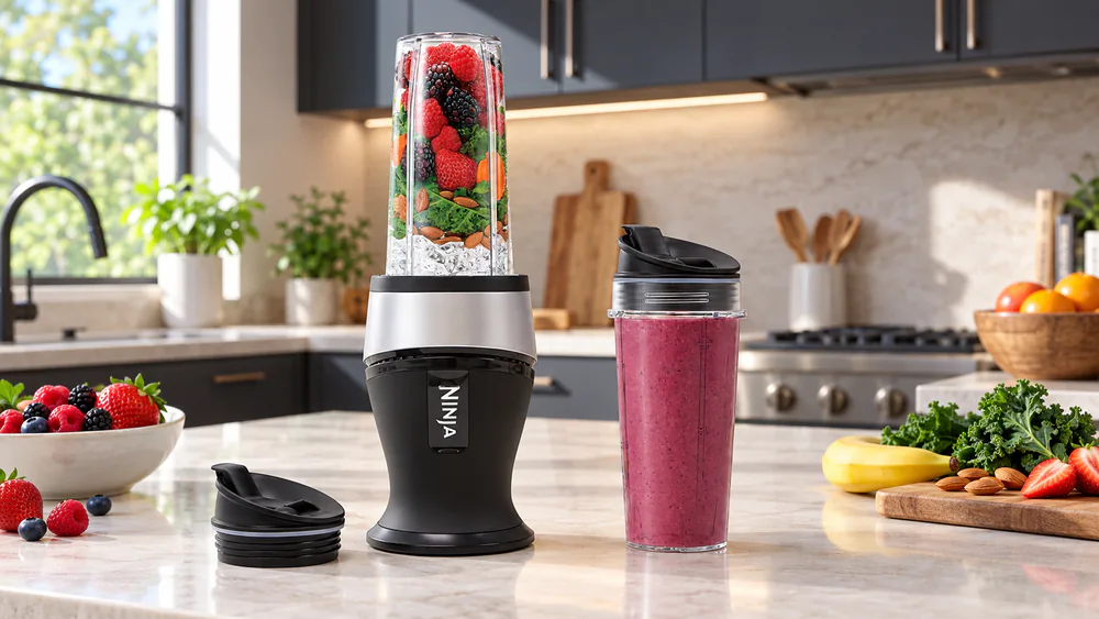A Ninja Fit personal blender with its 16-ounce to-go cup threaded off the base, spout lid on, ready for a gym bag.