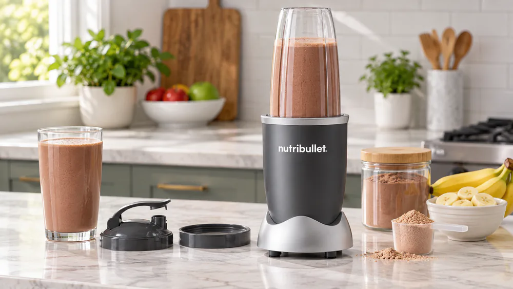 A NutriBullet 600 blending a chocolate protein shake with the 24-ounce cup inverted on the base, a protein powder scoop beside it.