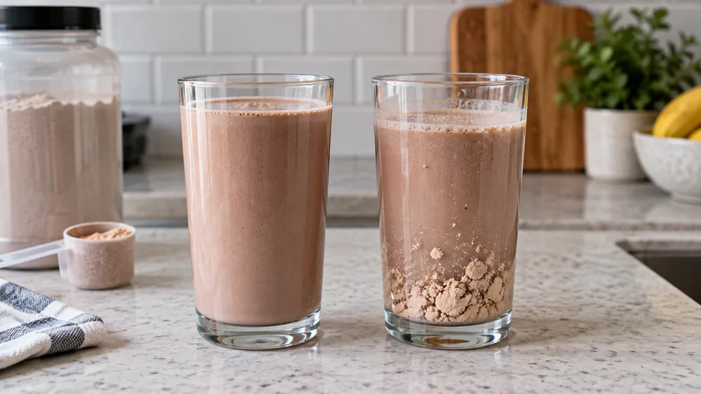 Two glasses of protein smoothie side by side on a counter, one smooth and one with undissolved protein powder clumped at the bottom.