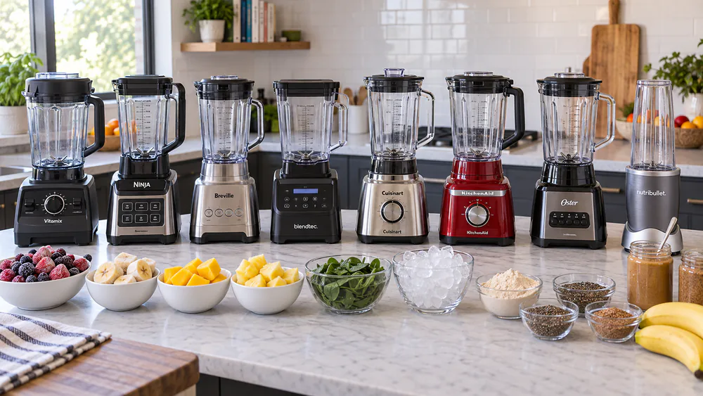 Eight blenders lined up on a test kitchen counter with cups of frozen fruit, ice, protein powder, chia seeds, and nut butters ready for the daily smoothie battery.