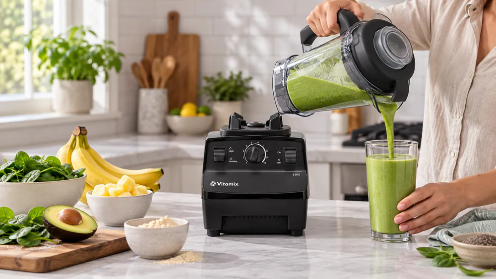 A Vitamix 5200 pouring a silky green protein smoothie from its tall 64-ounce Tritan container into a glass in a test kitchen.