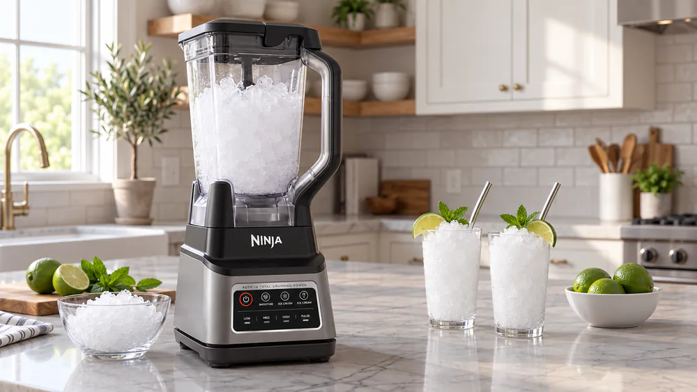 Snow-fine crushed ice in the Ninja BN701's 72-ounce pitcher after the 50-cube stress run.