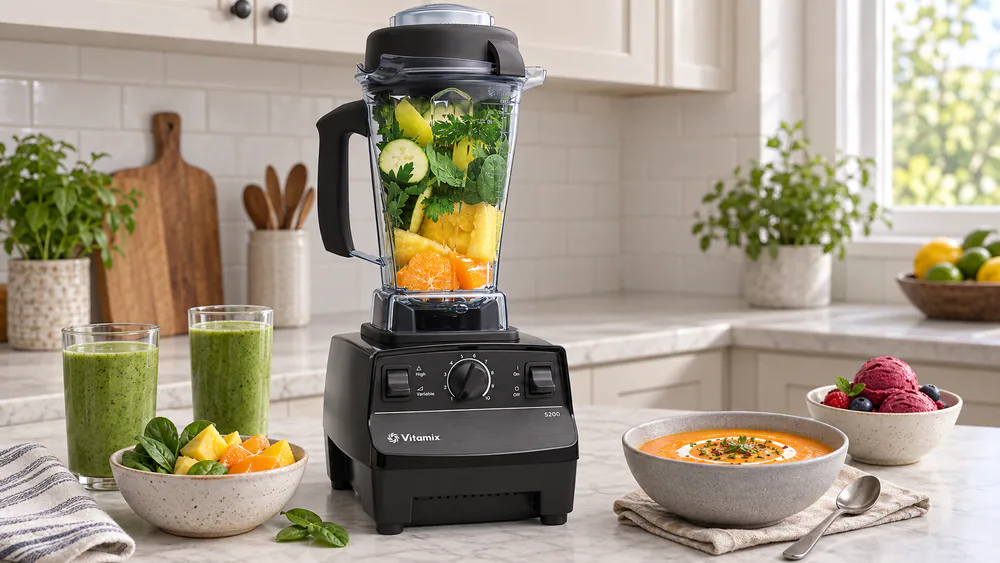 A Vitamix 5200 with its tall 64-ounce jar on a counter, near the upper cabinet above.