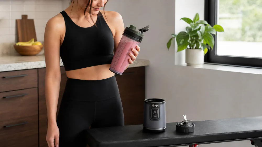 A Ninja Blast Max with the 22-ounce Twist & Go vessel detached and held in one hand, the motor base on a gym bench.