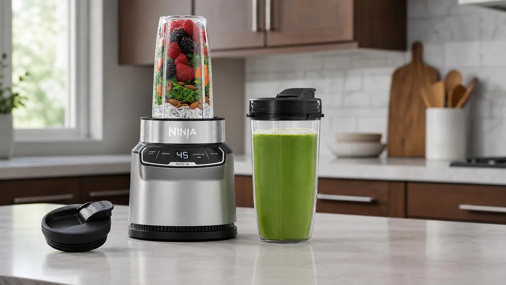 A Ninja BN401 with two 24-ounce to-go cups, one full of green smoothie with a spout lid, on a kitchen counter.
