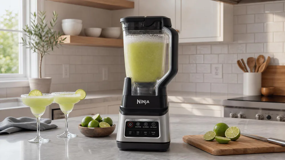 A Ninja Professional Plus BN701 with the 72-ounce pitcher full of frozen margarita, ice crushed to snow on top.