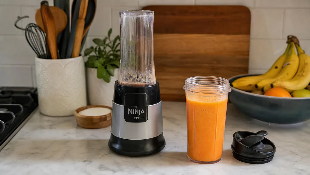 A compact Ninja Fit on a crowded kitchen counter with a 16-ounce cup of orange smoothie, spout lid beside it.
