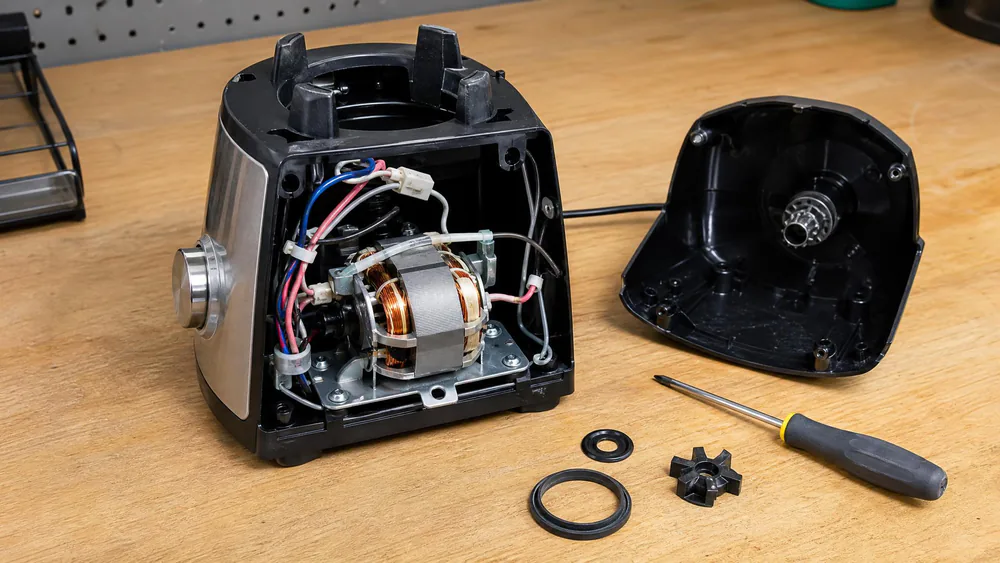 A blender motor base opened on a workbench with the motor, wiring, and seals exposed, a screwdriver resting beside it.