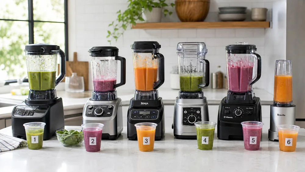 Our test kitchen counter with several blenders lined up mid-evaluation, numbered cups of green, berry, and orange smoothies in front of each.