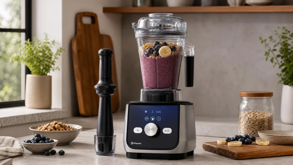 A Vitamix Ascent X5 with the touchscreen glowing blue, the 48-ounce Tritan jar holding a purple smoothie bowl.