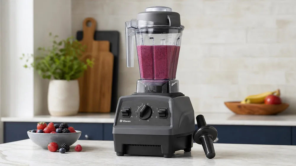 A Vitamix E310 Explorian with the 48-ounce jar holding a berry smoothie, the mini tamper leaning against the base.