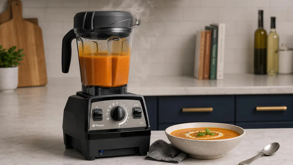 A Vitamix Propel 750 low-profile blender with a bowl of orange tomato soup beside it, steam rising from the jar.