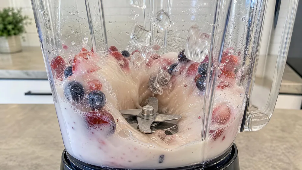 A close-up of stacked extractor blades inside a clear blender jar, frozen fruit and whey visible around them, ice being pulled down into the vortex.