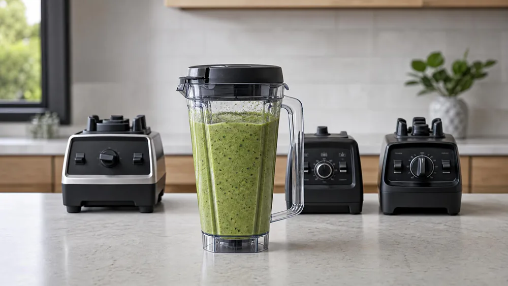 Our test counter mid-battery with a 72-oz pitcher full of the loaded ice, kale, peanut butter, whey, and water shake, with blender bases lined up behind it.