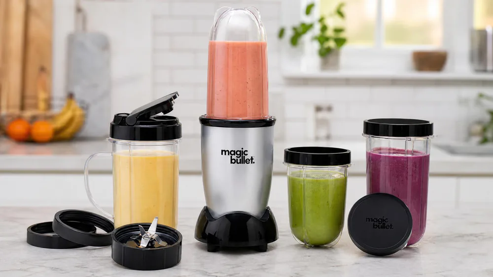 The Magic Bullet 11-piece set with the tall cup, short cup, party mug, cross-blade, and lids arranged on a kitchen counter.