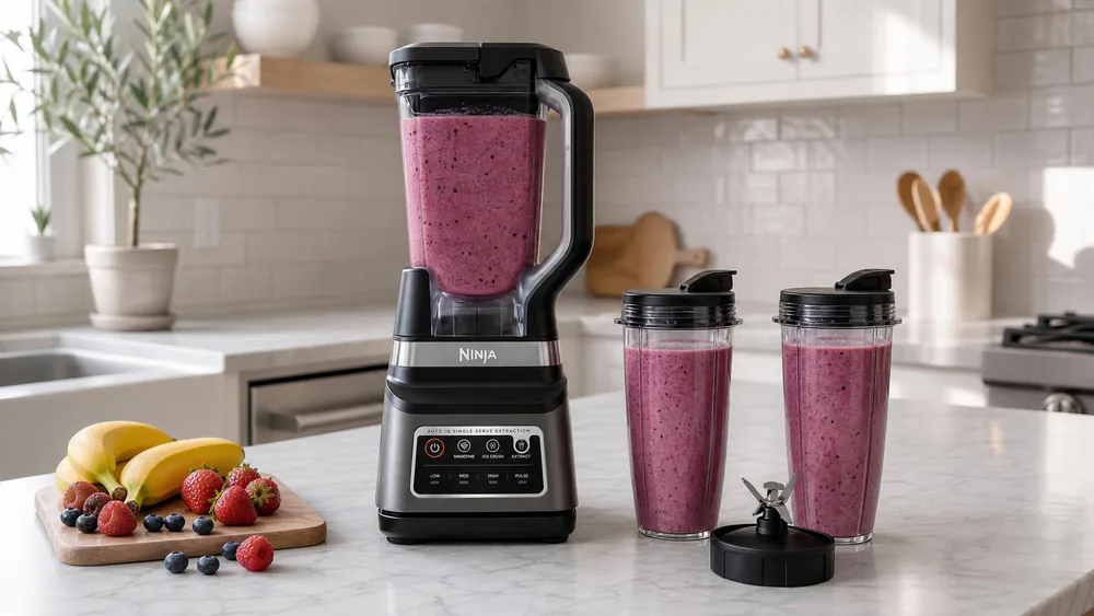 The Ninja Professional Plus DUO 72-oz pitcher full of a frozen berry shake after an Auto-iQ run, with the two 24-oz to-go cups beside it.