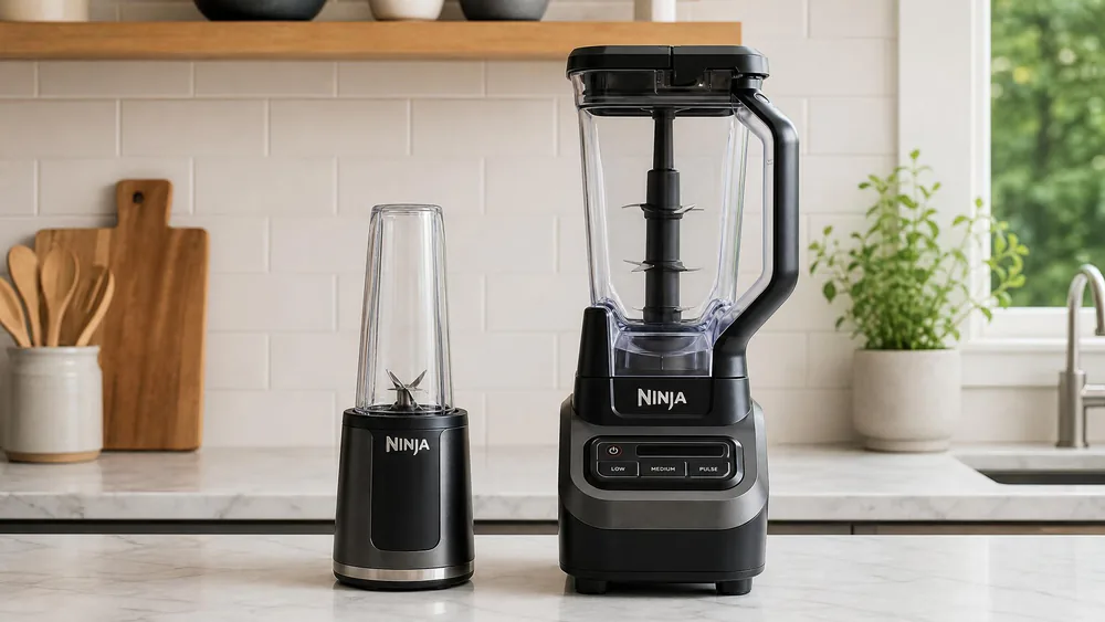The Ninja Fit with its 16-oz cup and the Ninja Professional Plus DUO with its 72-oz pitcher side by side on a kitchen counter, our top two picks.