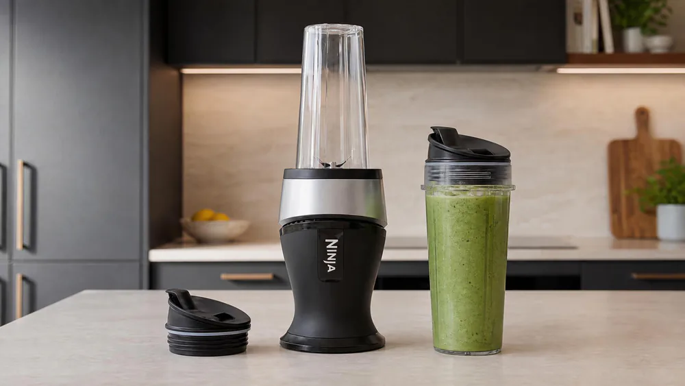 A Ninja Fit 16-oz cup full of a green protein shake with ice, kale, peanut butter, and whey, blended completely smooth, sitting on a kitchen counter.