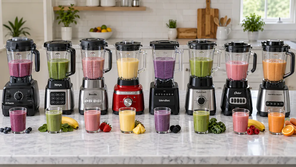 Eight blenders lined up on our test kitchen counter with cups of smoothies in front of each.