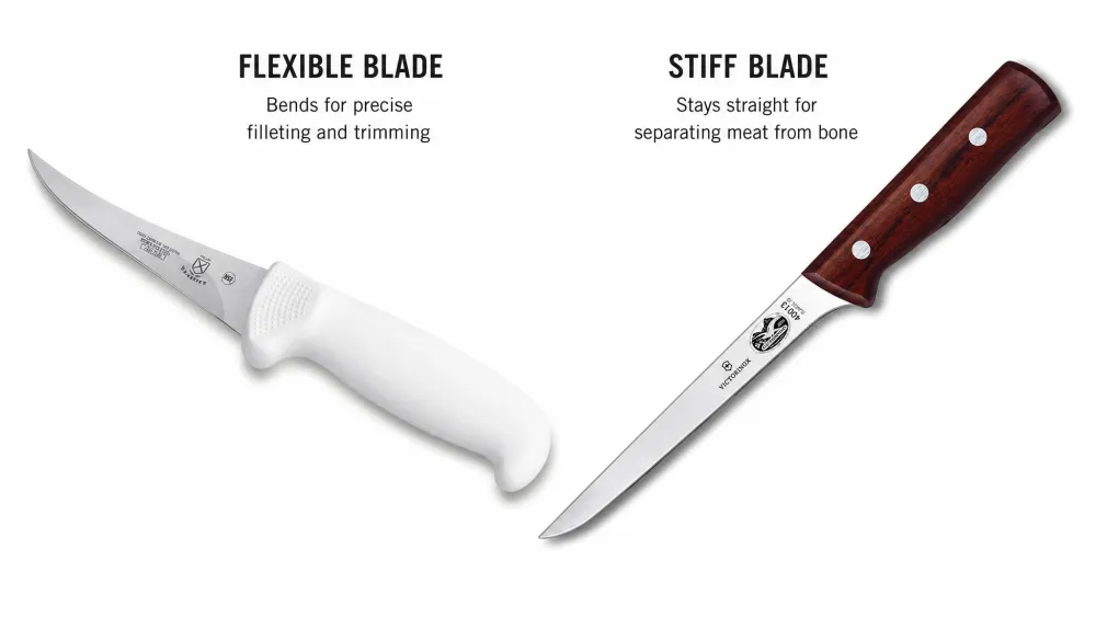 Two boning knives side by side showing a flexible blade bending and a stiff blade staying straight.
