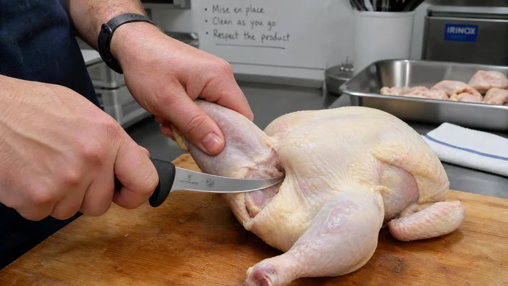 A hand in a test kitchen breaking down a whole chicken with a curved boning knife, blade working close to the thigh joint.