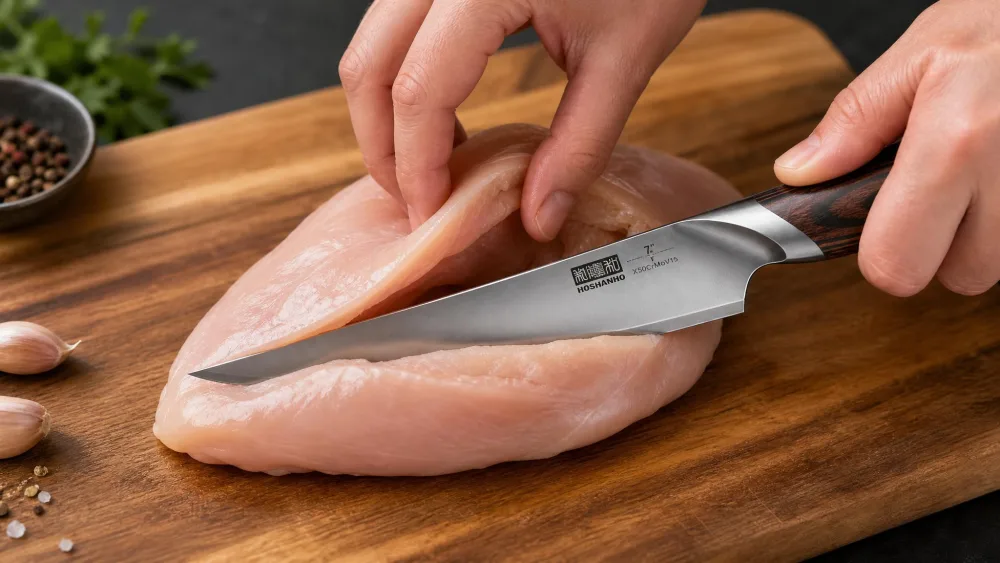 A HOSHANHO 7-inch fillet and boning knife cutting a pocket into a chicken breast on a cutting board.