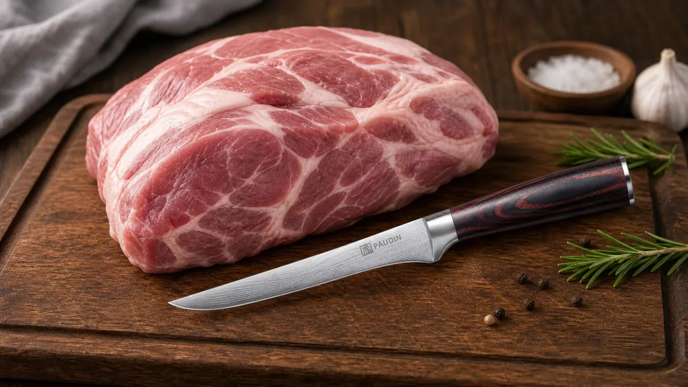 A PAUDIN boning knife with a wooden pakkawood handle beside a pork shoulder on a board.