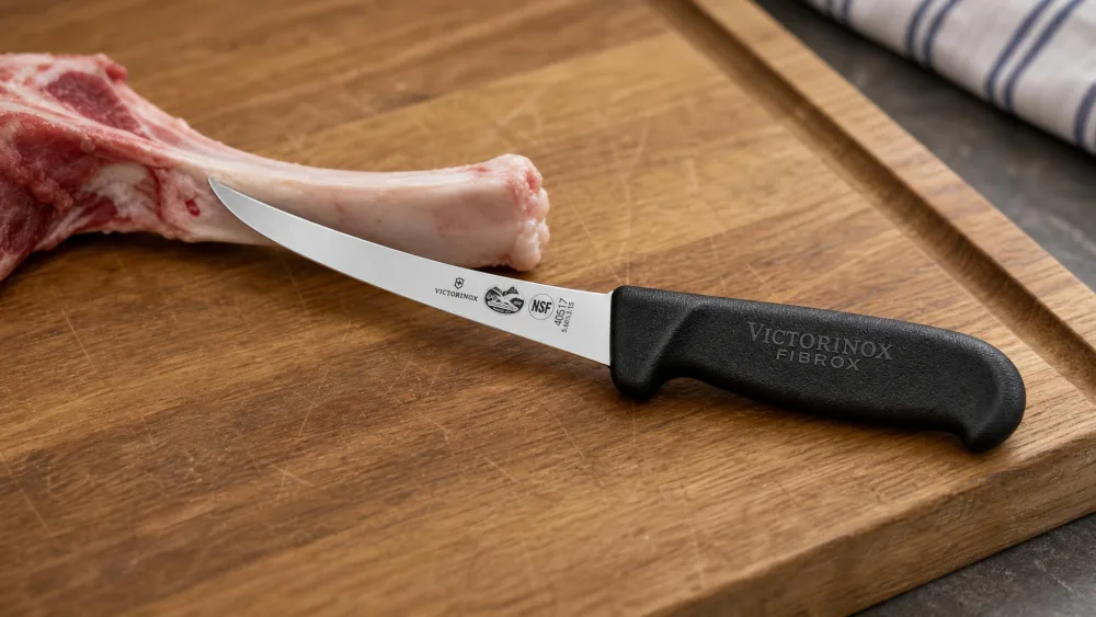 A Victorinox Fibrox curved boning knife with its textured black handle, blade angled toward a bone on a cutting board.