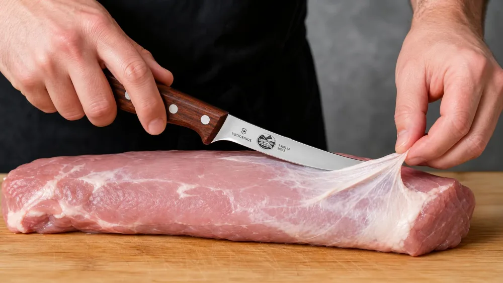 A Victorinox Swiss Classic boning knife removing silverskin from a pork loin, its flexible blade bending slightly.