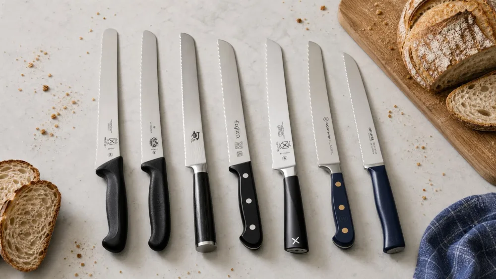 Seven bread knives laid out in a row on a kitchen counter after a slicing test, with bread crumbs and a scored sourdough loaf nearby.