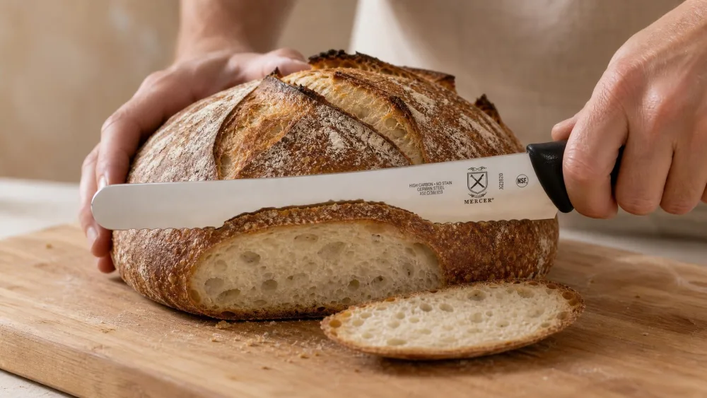 A Mercer Millennia bread knife slicing a crusty sourdough boule on a wooden board, a thin clean slice falling away from the loaf.