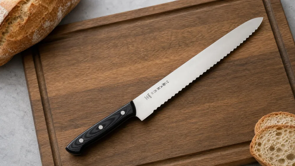 A Tojiro F-687 bread slicer with a black laminated wood handle and long curved blade resting on a cutting board.