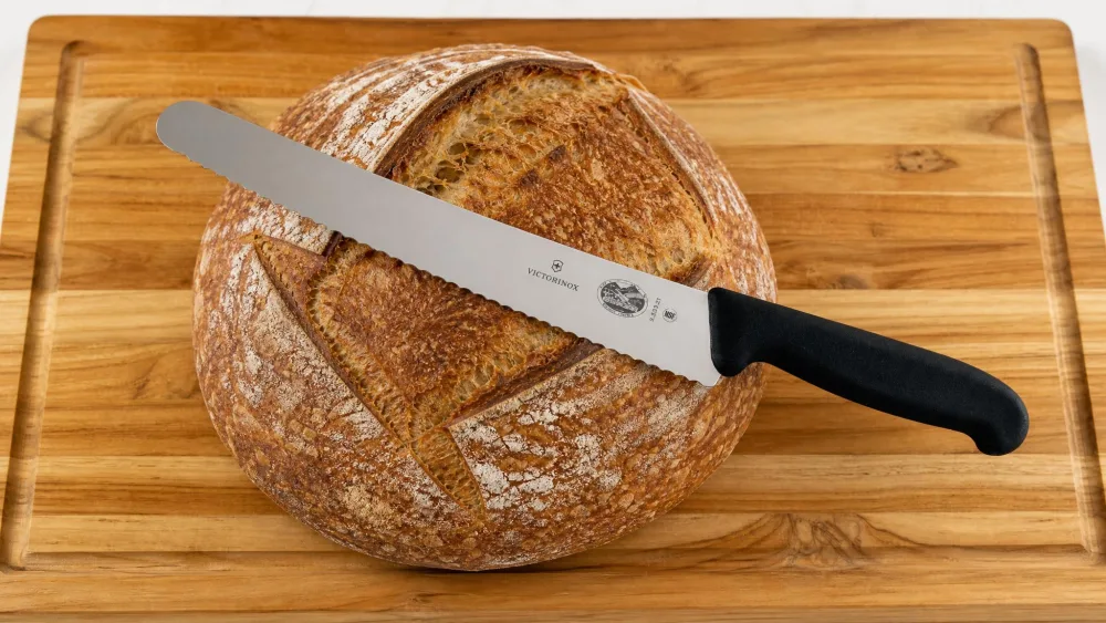 A Victorinox Fibrox bread knife laid across a wide scored sourdough boule on a cutting board.