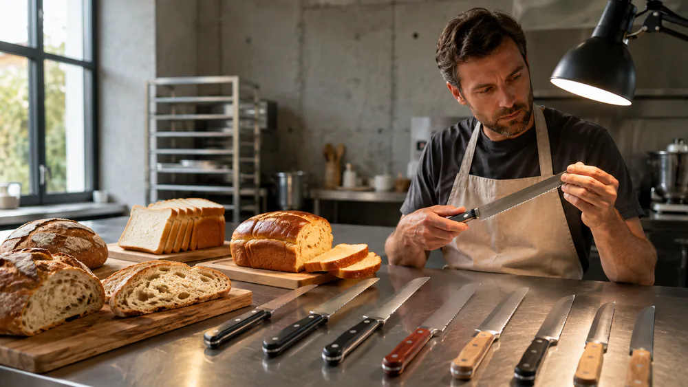 A test kitchen bench with several bread knives laid out beside sliced loaves, one tester checking an edge under a light.