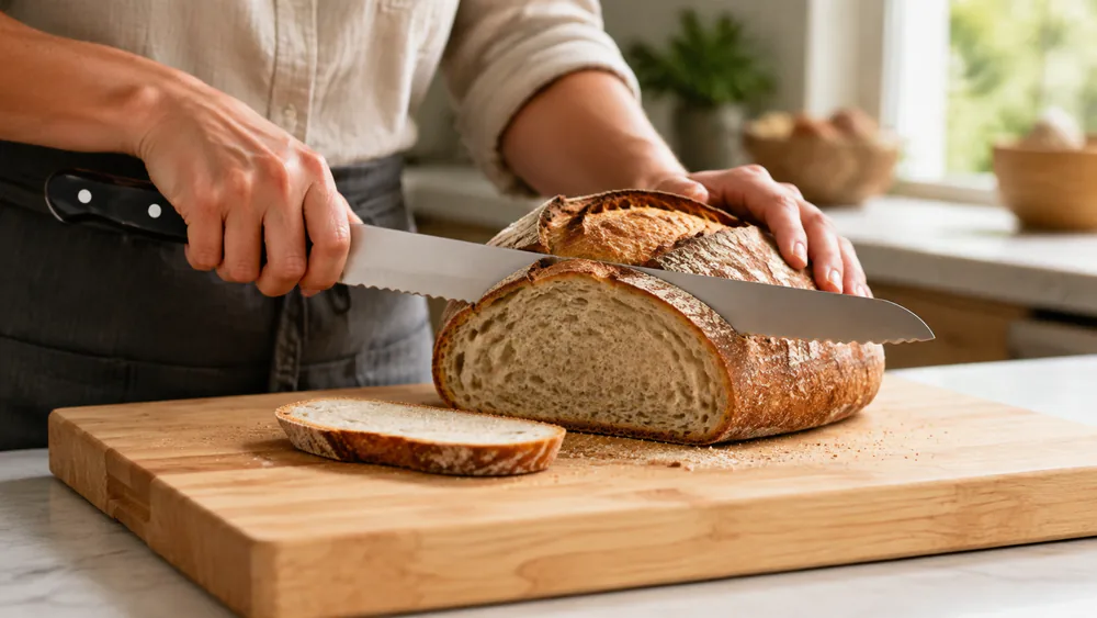 The MAC Superior 270mm scalloped blade slicing a sourdough boule, with a thin, clean slice held up to the light.