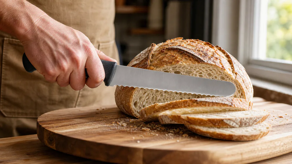 The Mercer Millennia M23210 slicing a crusty sourdough boule into clean slices on a wooden board, crumb intact, in the test kitchen.