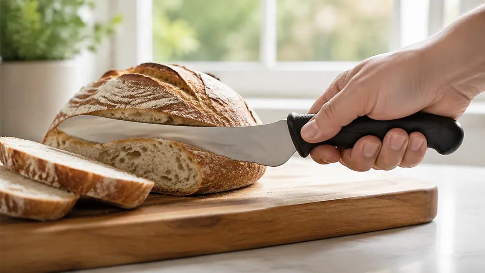The Mercer M23890 offset bread knife slicing a boule with the hand raised clear of the board, knuckles visible above the cutting surface.