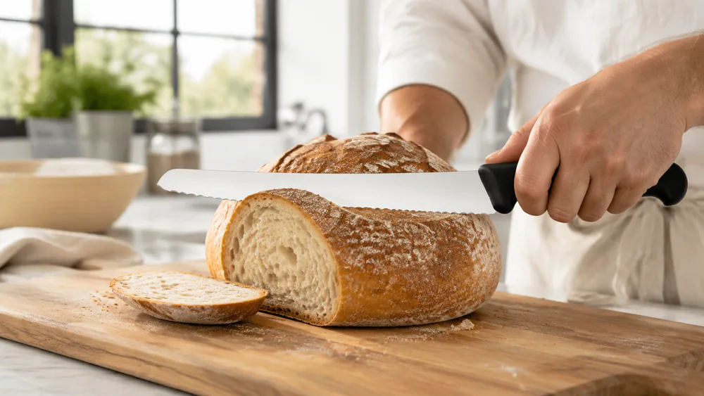 The Victorinox Fibrox 10.25-inch bread knife crossing a round boule in one straight pull, with the slice falling cleanly from the blade.