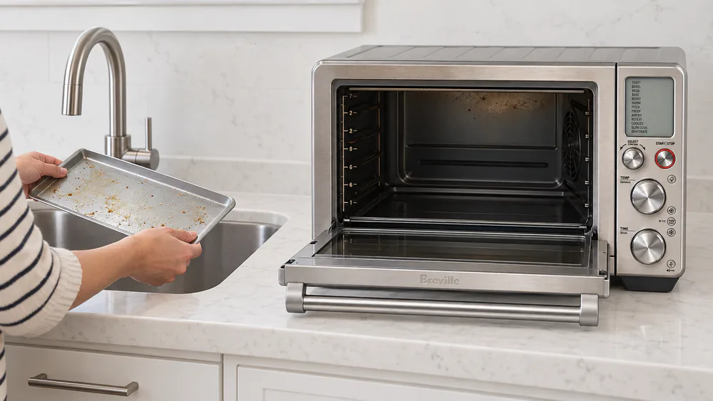 A pull-out crumb tray removed from a Breville smart oven air fryer, held over a sink with grease residue, next to the hard-to-reach top interior of the cavity.