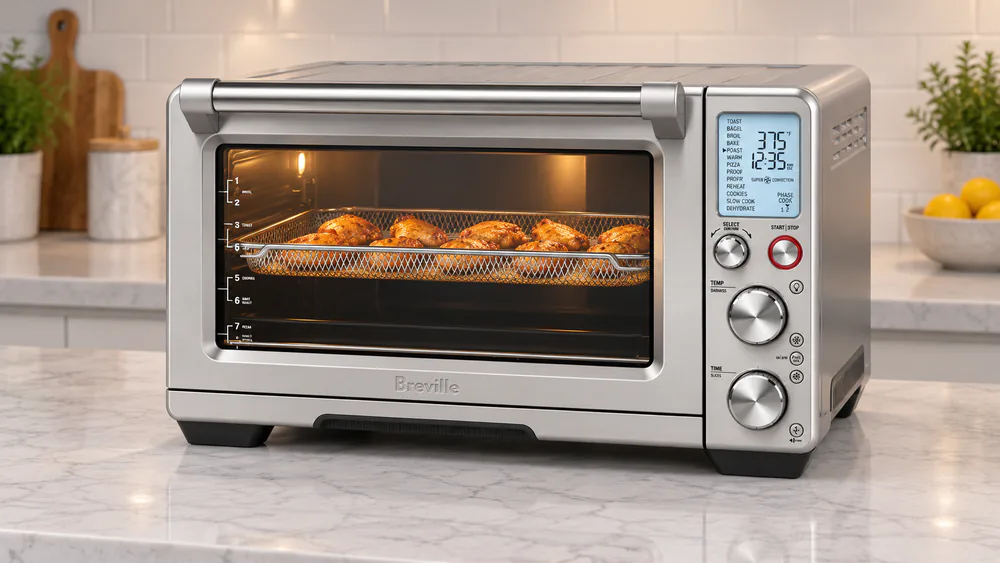 A full tray of chicken wings crisping inside the Breville BOV900BSS Smart Oven Air Fryer Pro, browned and golden with the interior light on.