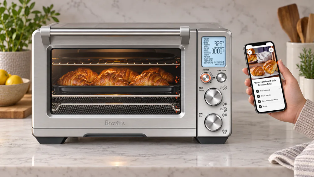 The Breville Joule Oven Air Fryer Pro on a counter with the Breville Plus app open on a phone showing a guided recipe and cook progress.