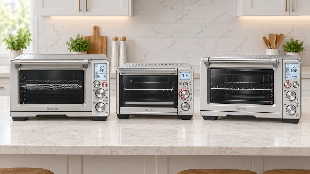 Three Breville smart oven air fryers of different sizes lined up on a kitchen counter, showing the difference in footprint between the Pro, the Compact and the Joule.
