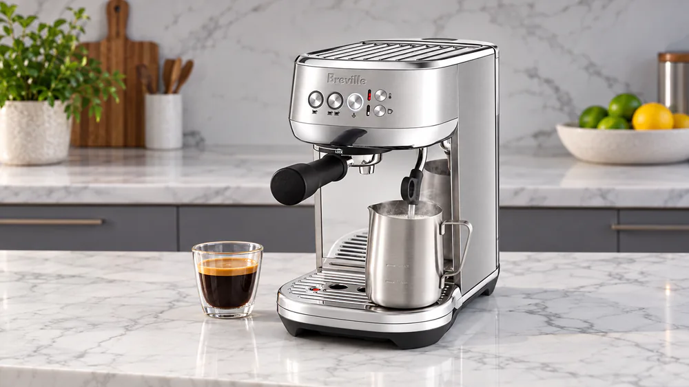 Breville Bambino Plus automatic steam wand frothing milk in a stainless jug next to a small espresso cup