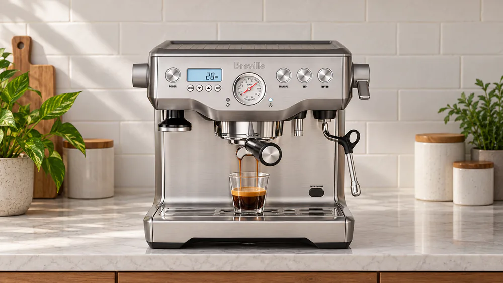 Breville Dual Boiler pulling a double shot into a glass with the shot clock visible on the LCD