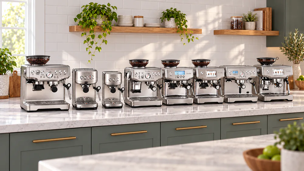 Eight Breville espresso machines from the compact Bambino to the Oracle Touch lined up on a kitchen counter for comparison