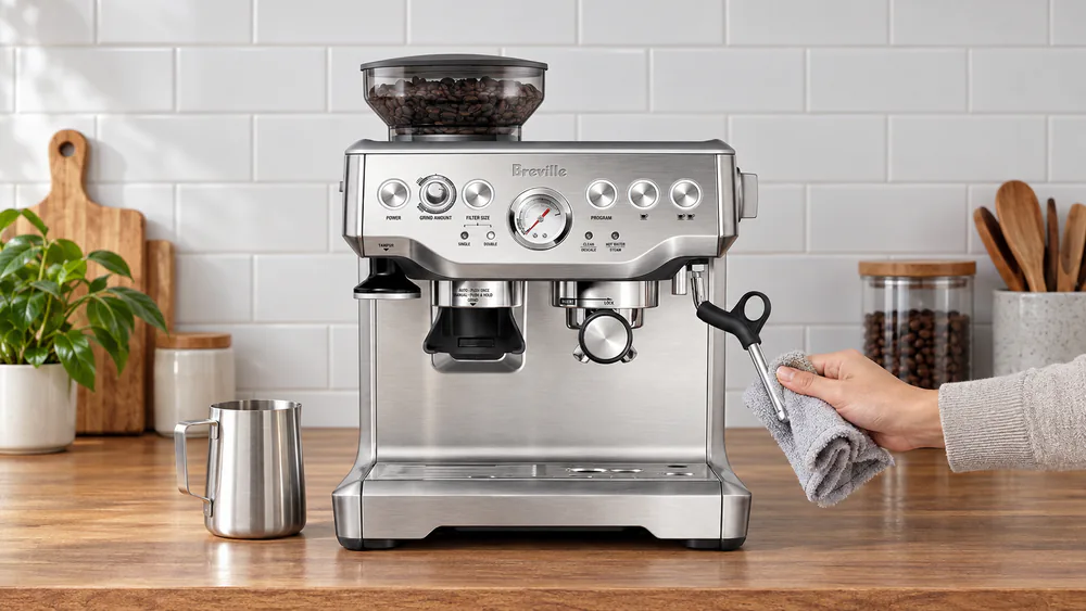 A hand wiping a Breville manual steam wand with a damp cloth right after steaming a jug of milk