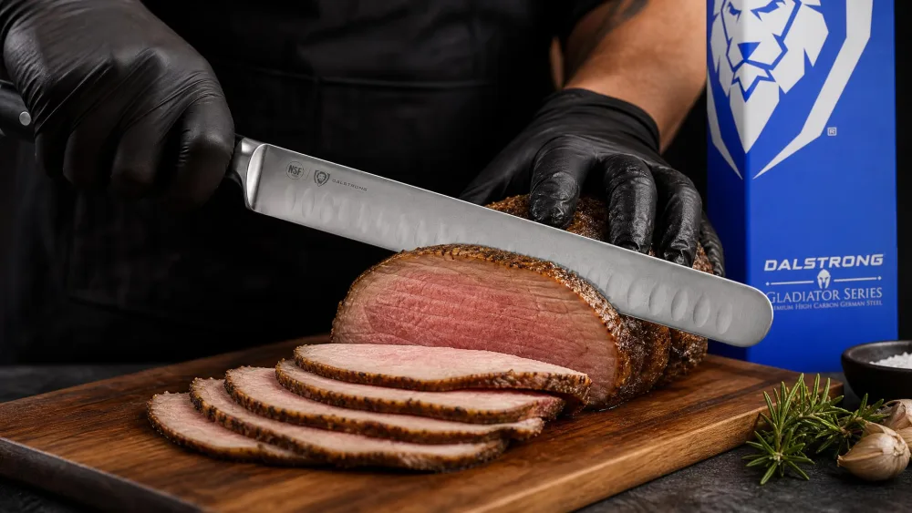 The DALSTRONG Gladiator 12-inch slicer with its G10 handle and long forged blade slicing a roast in horizontal strokes.